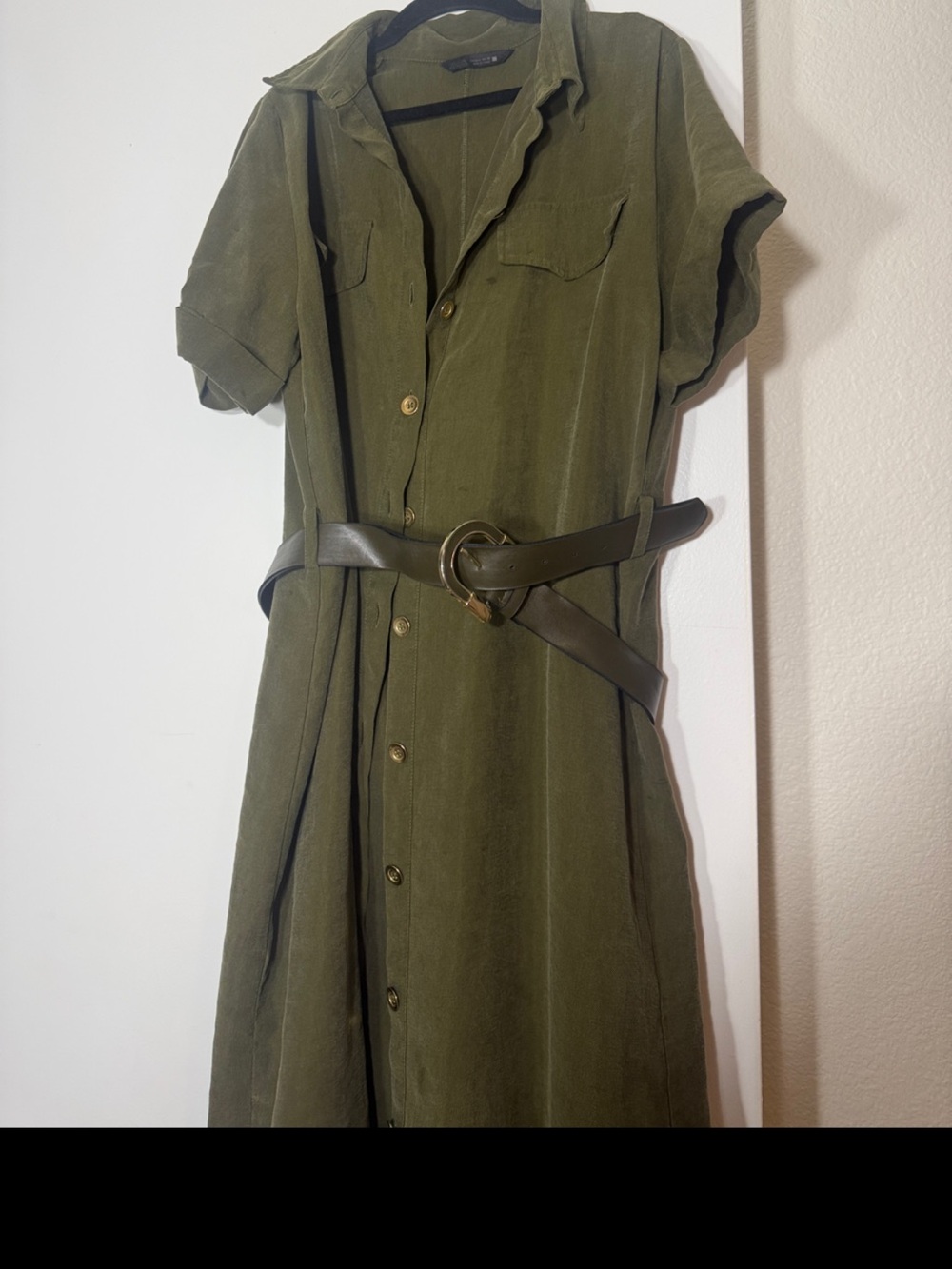 Zara Olive Green Button-Front Shirt Dress Trench
